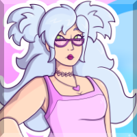 Art of an original character named Vista. She has light blue hair, a pink cropped top, jean shorts, and pink high heels. The background is pink and blue and inspired by frutiger aero and early web graphic design