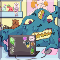 A digital art piece of an eldritch monster playing a game on a laptop